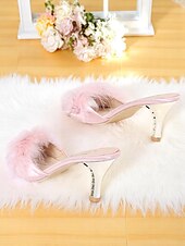cheap Formal-Women&#039;s Pink Fuzzy Open Toe Wedding Mules with Satin Finish and Kitten Heels, Fluffy Bridal Slippers for Bride Getting Ready, Bachelorette Party or Indoor Reception
