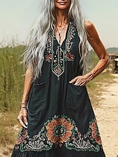 abordables Robes Bohémiennes-Femmes Robe Longue Maxi Robe Robe Décontractée Robe évasée Robe d&#039;été Robe bohème ancien Vacances Quotidien Fête Coupe régulière Fleuri Sans manches Col en V Vert foncé Été