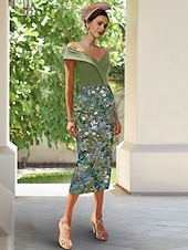 abordables Robes de cocktail-Robes cocktail brodées en colonne bleu vert vintage invitée à un mariage longueur cheville manches courtes épaules dénudées convertible crêpe extensible avec fente