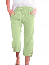 baratos Calça de linho de algodão simples-Mulheres Calças de linho de algodão Calças Capri Calças Moda Roupa de rua Comprimento da panturrilha Natural Tecido Bolsos Design de cordão elástico Confortável Exterior Rua Para Noite clarete Azul