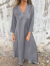 abordables concevoir des robes en coton et lin-Femmes Robe Longue Maxi Robe Robes en polycoton et lin texturé Robe Décontractée Robe d&#039;été Classique Moderne Quotidien Week-end Coupe régulière Uni Manche 3/4 Col en V Noir Marron clair Grise Été
