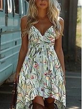 preiswerte Ausgefallene Kleider-Damen Minikleid Unterkleid Urlaub Party Lässig Ausgehen Strand Standard Passform Blumen Grafik Ärmellos V Ausschnitt Spaghettiträger Hellgrün Rote Blau Grün Sommer Frühling