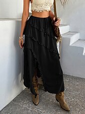 preiswerte Grafische Röcke-Damen Rock A-Linie Mode Lässig Maxi Hohe Taille Röcke Einfach Rüsche Mikroelastisch Urlaub Straße Schwarz Weiß Rote Blau Sommer Polyester