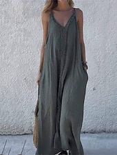 levne designové bavlněné a lněné šaty-Dámské Dlouhé šaty Maxi šaty Šaty inspirované plátnem Bavlněné lněné šaty Slip Dress Boho šaty Vinobraní Módní Venkovní Párty Dovolená Běžný Bez vzoru Bez rukávů Do V Hnědá Trávová zelená Světle šed
