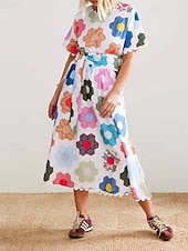 ieftine proiectează rochii din bumbac și in-Pentru femei Rochie Lunga Rochie Maxi Rochii de in bumbac Rochie casual Modă În aer liber Petrecere Concediu Fit regulat Floare Manșon scurt Stil Nautic Alb Vară