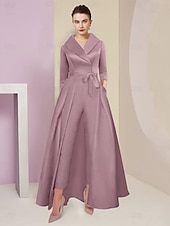 abordables Combinaisons pour maman-Combinaison  Tailleur Mère de la Mariée Tuxedo Invité de Mariage Élégant Party Simple Col Chemise Longueur Cheville Satin Manches 3/4 avec Nœud(s) 2025 taille personnalisée gratuite