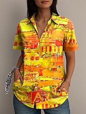 abordables Hauts d&#039;Art et de Design pour Femmes-Femmes Chemise Graphique Abstrait ancien Élégant Occasionnel Manche Courte Col de chemise Hauts Réguliers Quotidien Jaune Bleu Violet Orange Été Printemps