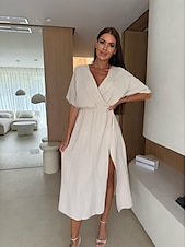 levne Šaty-Dámské Midi šaty Swingové šaty Letní šaty Elegantní Denní Jdeme ven Letní šaty Běžný Čistá barva Poloviční rukáv Do V Černá Trávová zelená Meruňková Léto
