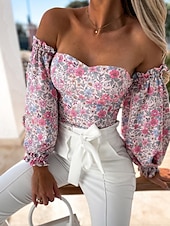 preiswerte Damen Grafik Tops-Damen Boho-Hemd Bluse Blume Modern Boho Langarm Schulterfrei Normale Oberteile Täglich Ausgehen Druck Erröten Sie Rosa Rosa Wein Rote Purpur Sommer