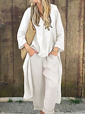 abordables Ensembles-Femmes Actif Chemises en coton et lin Chemisier Ensembles de Pantalons manche longue Col en V Couleur Unie Fête Week-end Noir Blanche Jaune Été Coupe régulière
