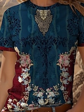 billige Boho t-skjorte-Dame T skjorte Blomstret Grafisk Fargeblokk Bohem Årgang Etnisk Kortermet Crew-hals Rund hals Vanlige topper Daglig Ut på byen Helg Trykt mønster Rød Blå Lilla Grønn Sommer Vår