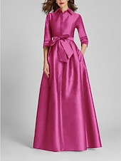 preiswerte GELB-A-Linien-Abendkleid Champagner Gold Minimalistisches Kleid Formal Hochzeitsgast Bodenlang Halber Ärmel Hemdkragen Satin mit Schleife(n) Falten