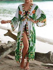 billiga Kaftans-Dam Badkläder Täck Över Baddräkt knyt fram Tropisk Standkläder Blomma V-hals Långärmad Baddräkter