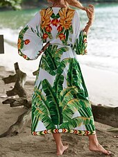 billiga Kaftans-Dam Badkläder Täck Över Baddräkt knyt fram Tropisk Standkläder Blomma V-hals Långärmad Baddräkter