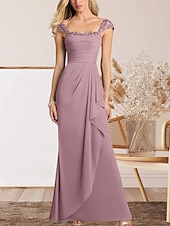 voordelige Vloerlengte-A-Lijn Moeder van de Bruid Jurk Bruiloft Gast Elegante Hartvormige Vloerlengte Chiffon Kap Mouw met Kant Ruching