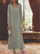 abordables Avec veste-Robe Mère de la Mariée Coupe Deux Pièces à la Plage Invité de Mariage Élégant Étincelle  Brillance Encolure en V Longueur Cheville Chiffon Sequins Manches Longues avec Sequins 2025 taille