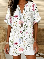 abordables Hauts Floraux-Femmes Chemisier A Ombre Fleuri Rayé Élégant Quotidien Ethnique Manche Courte Col en V Encolure en V Hauts Réguliers Quotidien Fête Sortir Bleu Denim Vert cendré Blanche Vert Claire Bleu Poudré Été