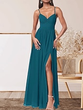 abordables Robes de demoiselle d&#039;honneur-Robe de demoiselle d&#039;honneur trapèze, col en V, sans manches, élégante, longueur au sol, en mousseline extensible avec plis / devant fendu / froncé 2025