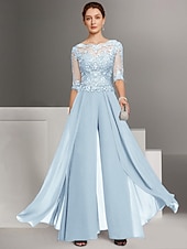 abordables Combinaisons pour maman-Combinaison deux pièces  tailleur mère de la mariée invitée de mariage église élégante petite décolleté bateau longueur sol chiffon manches mi-longues avec appliqués taille personnalisée gratuite