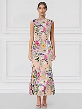 cheap Cocktail Dresses-Blue Mermaid / Trumpet Cocktail Floral Dresses Elegant Formal Wedding Guest Ankle Length Sleeveless High Neck with Embroidery