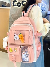 tanie Plecaki dla dzieci i nastolatków-damski 6-częściowy uroczy plecak kawaii z przezroczystymi kieszeniami z przodu, przypinkami z kreskówek i pluszowymi zawieszkami, lekka nylonowa torba szkolna dla nastoletnich dziewcząt, do codziennego użytku na uczelnię