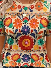 billige Blomster t-skjorte-Dame T skjorte Blomstret Grafisk Planter Årgang Stilfull Klassisk Kortermet Crew-hals Vanlige topper Daglig Helg Trykt mønster Blå Lilla Oransje Grønn Sommer