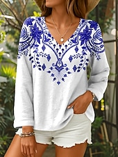 billige Kvinne Boho Topper-Dame Bluse Blomstret Grafisk Geometrisk Stilfull Fritid Langermet V-hals Vanlige topper Daglig Rød Blå Grønn Sommer Vår