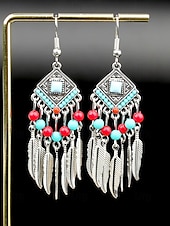 cheap Women&#039;s Earring-Women&#039;s Bohemian Turquoise Drop Earrings – Vintage Western Style Statement Jewelry with Feather and Bead Details for Parties, Festivals and Casual Wear