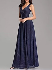 preiswerte Kleider für Hochzeitsgäste-A-Linie Hochzeitsgast Kleider Partykleid Abendparty Abschlussball Bodenvoll Ärmellos V-Ausschnitt Baumwolle Rückenfrei mit Glitzer gerafft
