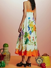 ieftine rochii imprimate din bumbac si in-Pentru femei Rochie Lunga Rochie Maxi Rochii de in bumbac Rochie casual Modă În aer liber Petrecere Concediu Fit regulat Floare Fără manșon Bretele Spagheti Portocaliu Vară