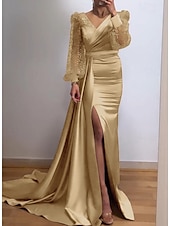 abordables Rose-Robe de soirée Sirène Robe Sequins Formelle Traîne cour Manches longues Col en V Invitée de mariage d&#039;automne Charmeuse avec fente Robe de masque 2025