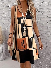 cheap Stripe&amp;Geometric Dress-Women&#039;s Mini Dress Sundress A Line Dress Summer Dress Vacation Casual Regular Fit Graphic Geometric Color Block Sleeveless U Neck Light Brown Blue Summer Spring