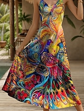 cheap Art&amp;Design Dress-Women&#039;s Maxi Dress Sundress A Line Dress Slip Dress Vacation Casual Flowy Beach Regular Fit Floral Graphic Animal Sleeveless V Neck Spaghetti Strap Yellow Red Blue Purple Summer Spring