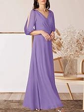 preiswerte Bodenlänge-A-Linie Brautmutterkleid Hochzeitsgast Elegant V Ausschnitt Bodenlang Chiffon Halbarm mit Raffung 2025