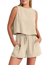 cheap Sets-Women&#039;s Active Basic Cotton Linen Sets Blouse Shorts Sets Sleeveless Crew Neck Solid Color Drawstring Going out Weekend Black Blue Orange Summer Regular Fit