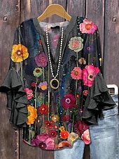 levne Květinové topy-Dámská retro blůza s vrstvenými volánovými rukávy Vintage květinový grafický Bohemia Vintage denní 3/4 délky rukáv V krku běžné topy Denní dovolená prázdninové oblečení Tisk černá žlutá léto jaro
