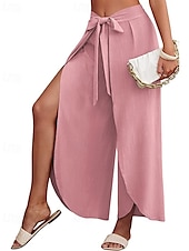 abordables Pantalón liso de lino y algodón-Mujer Pantalones de lino y algodón pantalones Casual Longitud total Cintura Media Plano Cintura elástica Separado Al Aire Libre Cómodo Festivos Ropa Cotidiana Fin de semana Albaricoque PEC Celeste