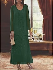 abordables Avec veste-Robe Mère de la Mariée Coupe Deux Pièces à la Plage Invité de Mariage Élégant Étincelle  Brillance Encolure en V Longueur Cheville Chiffon Sequins Manches Longues avec Sequins 2025 taille