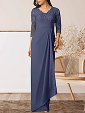 preiswerte Bodenlänge-Säule  Kolonne Mutter der Braut Kleid Hochzeitsgast Elegantes Hoher Schlitz V-Ausschnitt Bodenlanges Chiffon 3/4 Länge Ärmel mit Rüschenapplikationen Raffung