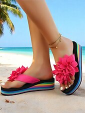 voordelige Slide Sandalen-Regenboog platform slippers voor dames met grote roze bloem, kleurrijke strandsandalen voor vakantie, tieners en jongvolwassenen, zomerse casual stijl