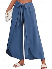 abordables Pantalón liso de lino y algodón-Mujer Pantalones de lino y algodón pantalones Casual Longitud total Cintura Media Plano Cintura elástica Separado Al Aire Libre Cómodo Festivos Ropa Cotidiana Fin de semana Albaricoque PEC Celeste
