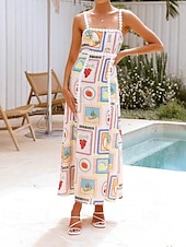 cheap Design Cotton &amp; Linen Dresses-Women&#039;s Long Dress Maxi Dress Cotton Linen Dresses Casual Dress Fashion Outdoor Party Holiday Regular Fit Fruit Sleeveless Spaghetti Strap Beige Summer