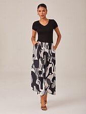 economico Abiti floreali-Abito lungo da donna in bianco e nero lavorato a maglia, patchwork, tessuto, stampa geometrica astratta, elegante, gonna a trapezio, svolazzante, elastico in vita, casual, da indossare tutti i giorni
