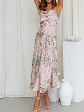 cheap Print Floral Dresses-Women&#039;s Midi Dress Floral Dress Boho Dress Print Dress Fashion Classic Outdoor Vacation Holiday Regular Fit Flower Sleeveless Spaghetti Strap Pink Navy Blue Orange Summer