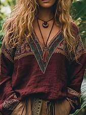 cheap Boho tee-Women&#039;s Cotton Linen Shirts Boho Shirt Blouse Flower Modern Boho Long Sleeve V Neck Regular Tops Holiday Going out Print Black Red Orange Dark Gray Apricot Summer