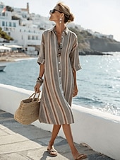 cheap Stripe&amp;Geometric Dress-Women&#039;s Midi Dress T Shirt Dress Tee Dress Vacation Birthday Casual Outdoor Going out Beach Loose Fit Graphic Stripe Long Sleeve Turndown Khaki Summer Spring
