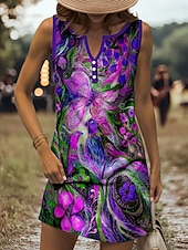 preiswerte Kunst &amp; Design Kleider-Damen Minikleid Sommerkleid Shiftkleid Schulterfreies Kleid Urlaub Lässig Outdoor Ausgehen Strand Normale Passform Blumen Grafik Tiermotiv Ärmellos V Ausschnitt Gelb Rote Königliches Blau Blau Sommer