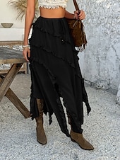 preiswerte Grafische Röcke-Damen Rock A-Linie Mode Lässig Maxi Hohe Taille Röcke Einfach Rüsche Mikroelastisch Urlaub Straße Schwarz Weiß Rote Blau Sommer Polyester