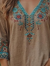 economico Top Boho da Donna-Per donna Blusa Floreale Grafico Paisley Bohemien Vintage Tropicale Manica 3/4 Scollo a V Top Regolari Arricciato Stampato Cachi Estate Primavera