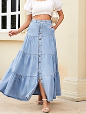 economico Gonne semplici-Per donna Gonna Gonna longuette in jeans Casual Boho Maxi Vita media Gonne Semplice Arricciato Tasca Micro-elastico Vacanza Casual Quotidiano Azzurro cielo Estate Denim